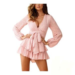 Women's Blush Pink V neck Romper Layer Ruffle Hem Jumpsuits Size  XL